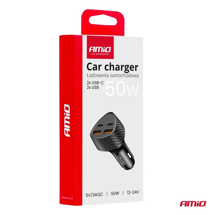 зарядно за кола 50w 2x usb-a + 2x usb-c amio-04284