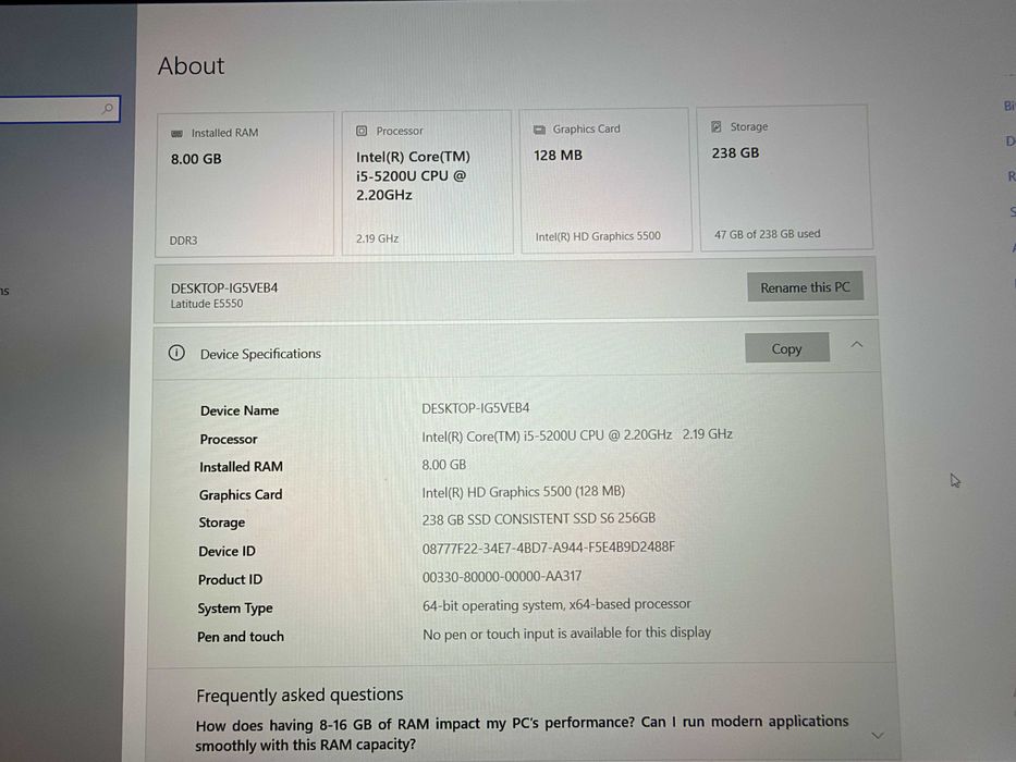 Dell Latitude E5550 — i5-5200U, 8GB RAM, SSD 256GB, Windows 10 Pro