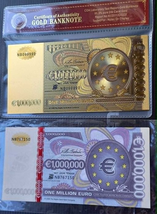 2 бр. сувенирни банкноти - 1 млн. евро / УВ = за 9 € .