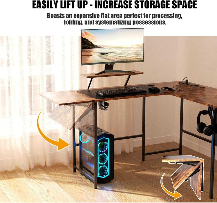 Birou gaming in forma de L, extensibil 120–150 cm, reversibil, cu lumini LED RGB, prize si incarcare USB, culoare maro