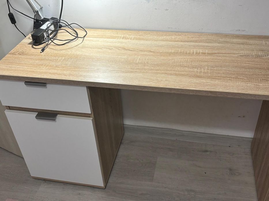 Birou cu sertar si dulap stejar/alb mat, 130x50x75.5 cm