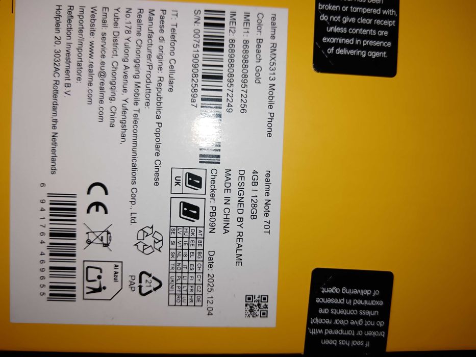ПРОДАВАМ,НОВ Смартфон Realme Note 70T 4GB RAM 128GB ЗЛАТИСТ