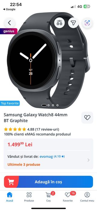 Vând Samsung Galaxy Watch8 44mm BT Graphite, nou în cutie, sigilat.