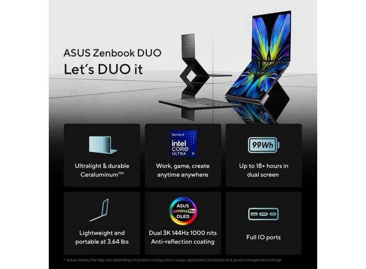 ASUS Zenbook Duo 14.0" OLED 3K 144Hz Ultra 9-386H LPDDR5X 32GB SSD 1TB