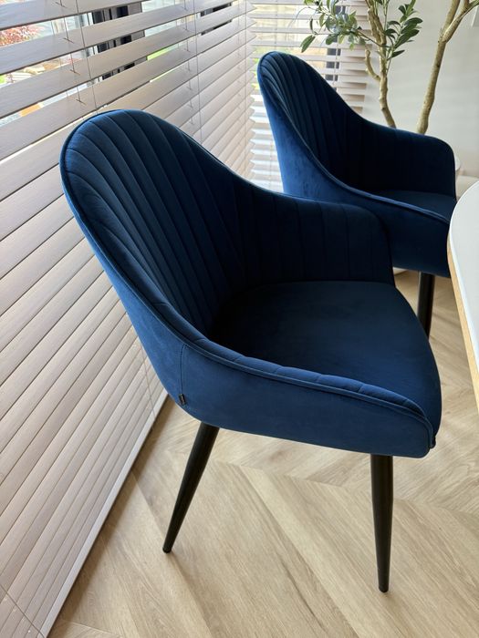 4 scaune de dining catifea albastra, picioare metalice