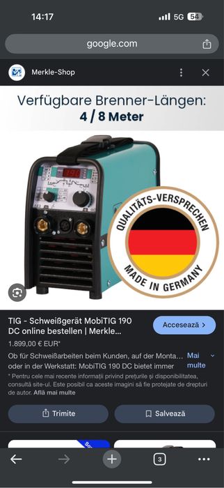 Aparat de sudura Tig DC / MMA Merkle Mobitig 190DC  / 160a / 220v