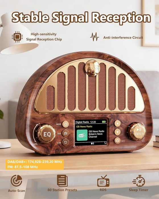 Винтидж DAB+/FM цифрово радио с Bluetooth, ретро преносимо, 3000mAh