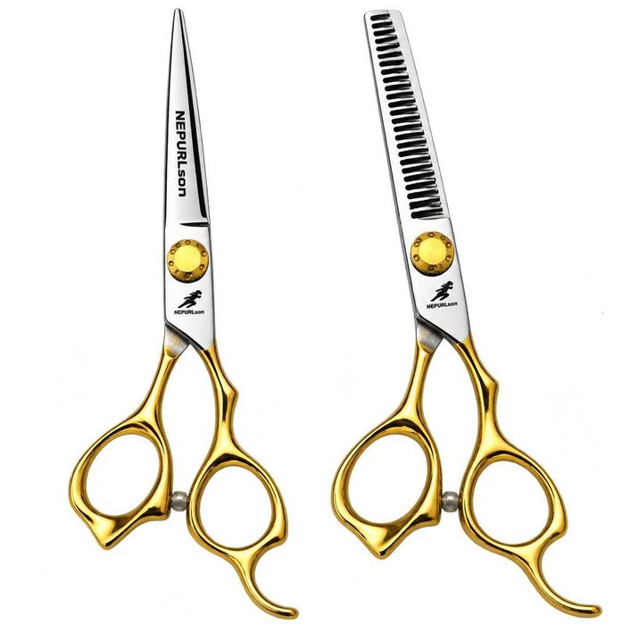 Set 2 Foarfece Profesionale de tuns si filat NEPURLson JS 6 inch, Tuns si Filat, 6CR, 62 HRC, Manere Aurii, Husa
