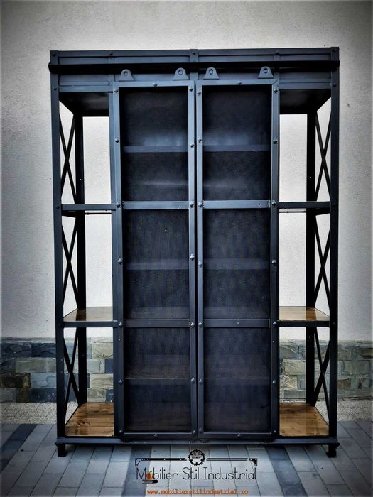 Raft fier stil industrial cu usi glisante plasa, tip vitrina