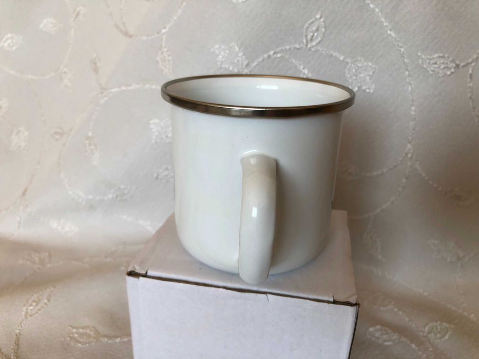 Метално емайлирано канче, бяло със сребрист кант, ретро стил, ново