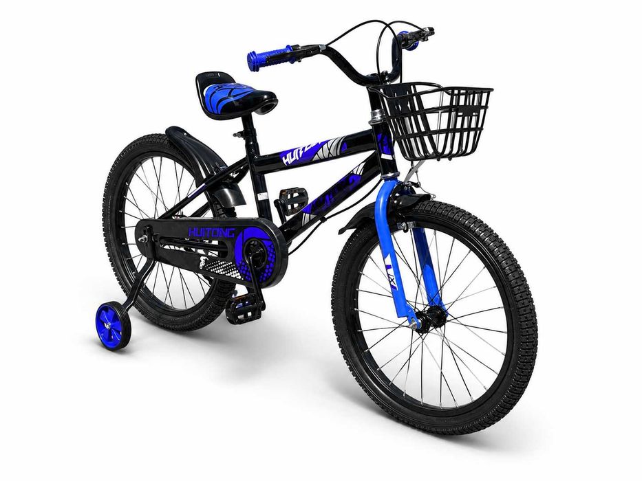Bicicletă băieți 7-10 ani, 20”, cu roți ajutătoare,frâne, coș plastic