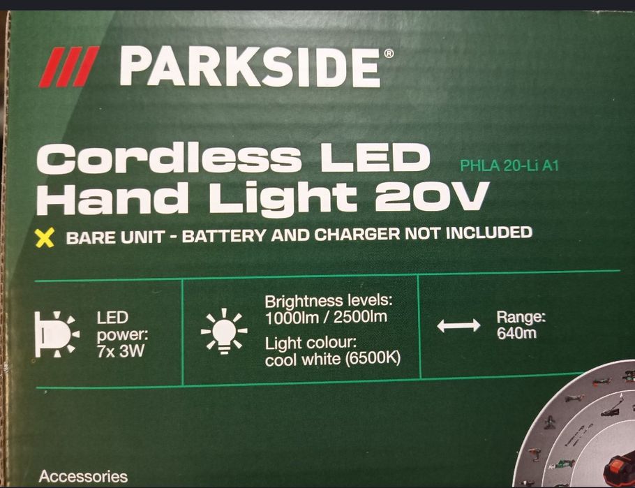 Parkside lanterna lampa proiector cu baterie 20V si auto 12V