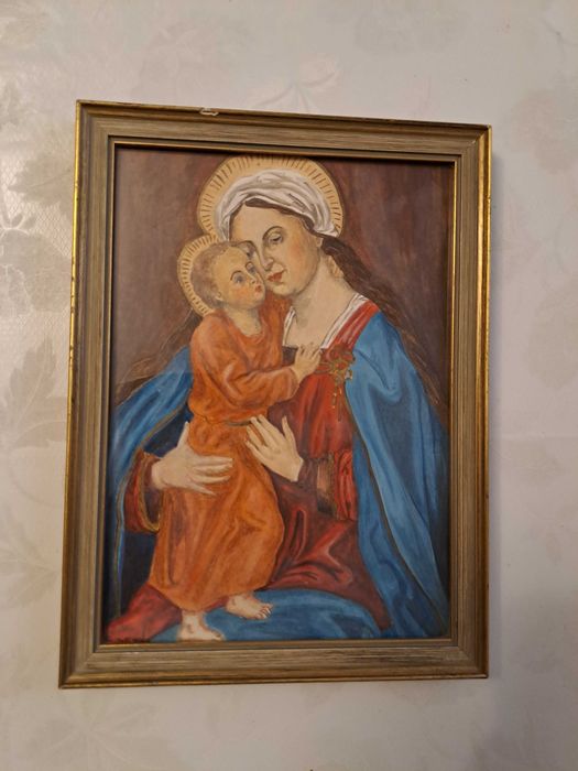 icoana Fecioara Maria cu Pruncul desen acuarele 16/21,5 cm