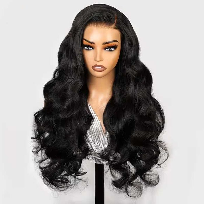 Черна синтетична чуплива перука 75 см с дантелена зона 13x4