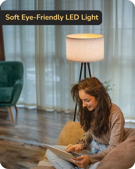 Lampă de podea EDISHINE trepied metalic negru | LED dimabil 3000K–6000K | telecomandă magnetică | bec E27 inclus