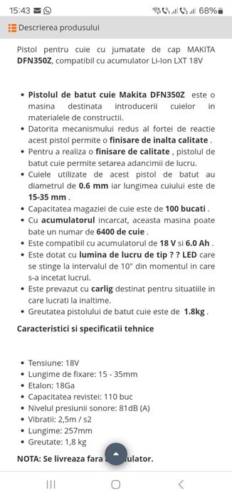 pistol cuie fără cap makita dfn350