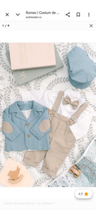 Costum bebeluș botez - crem-albastru deschis