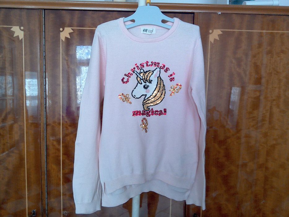 Pulover fete, roz, tricotat cu aplicație paiete - bumbac - H&M