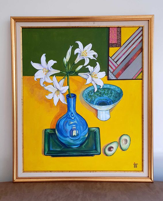 Картина за подарък, маслени бои, кон, цветя, рамкирана