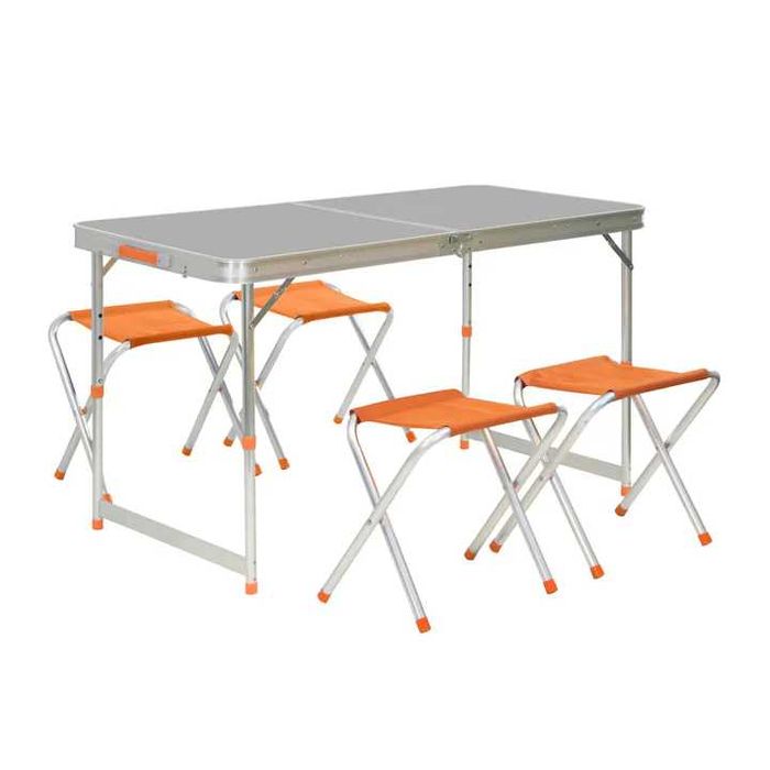 Set camping, masa reglabila pe inaltime cu 4 scaune pliabile