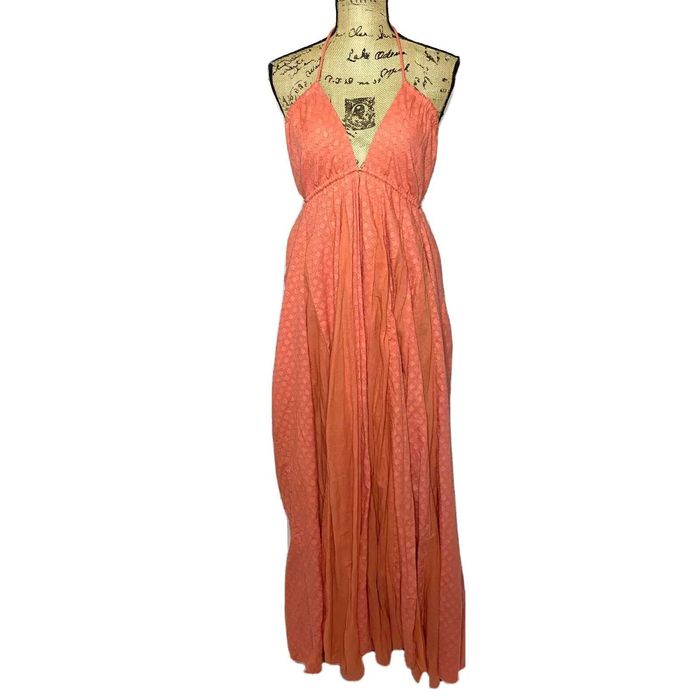 Free People Boho Maxi Dress S Coral V Neck Tie Back Textured Gathered Used