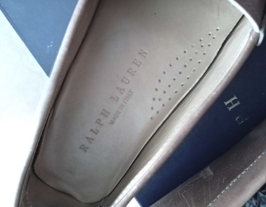 Ralph Lauren Mocasini barbati, din piele de vițel maro cu aspect cerat, nr. 42