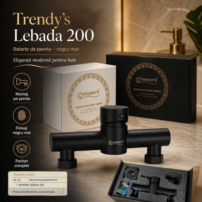 Baterie apă Trendy’s Lebada 200 - neagră mat, montaj pe perete, nouă cu factură, pachet complet