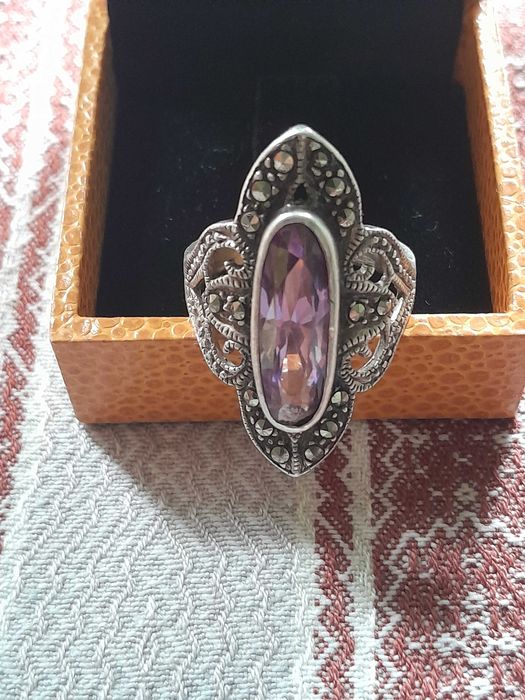 Inel argint 925 marcat, ametist și marcasite + poanson meșter
