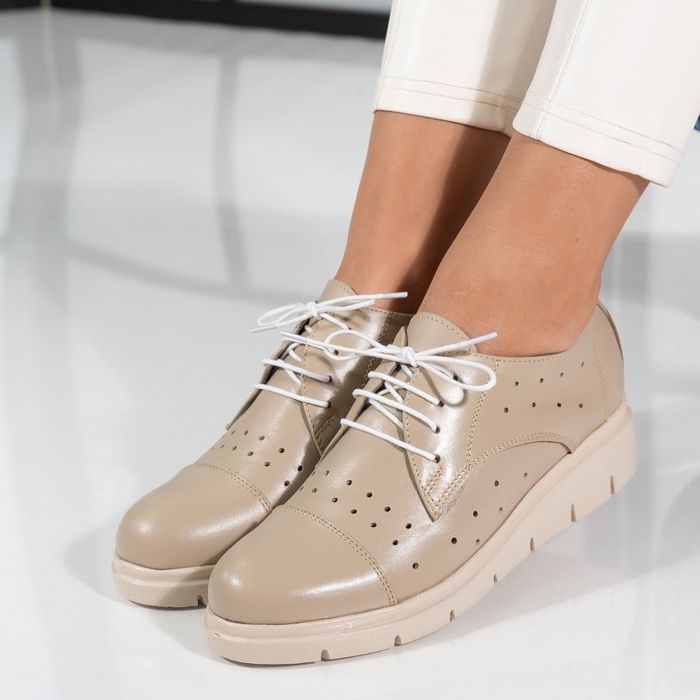 Pantofi casual dama piele naturala bej nude cu siret noi marime 37