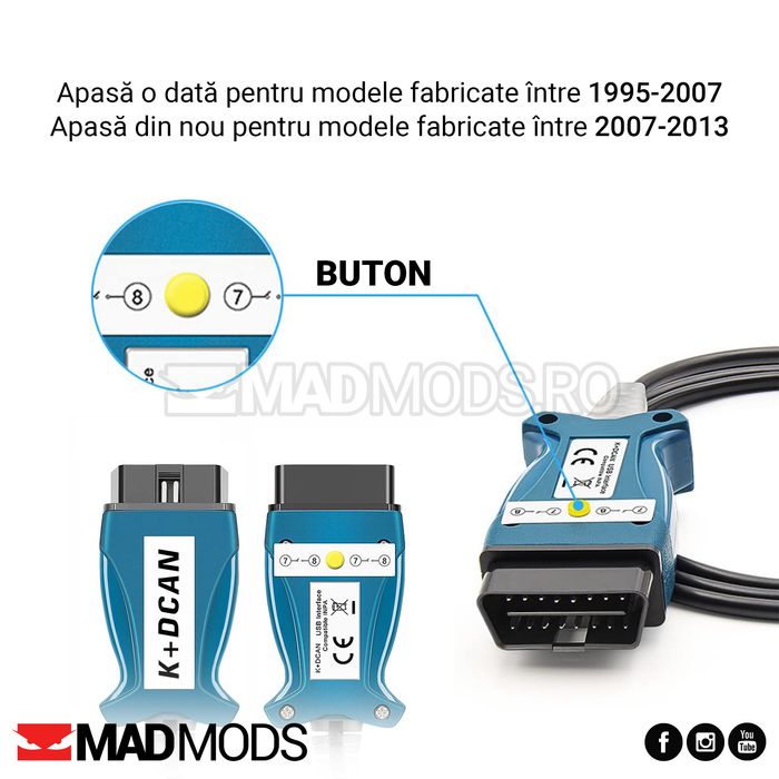 Cablu diagnoza OBD K-DCAN BMW seriile Exx, Fxx, 1995-2013, Model nou