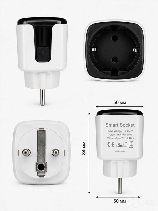 Tuya Smart Life aqlli Wi-Fi rozetka, 16A, 2.4 GHz