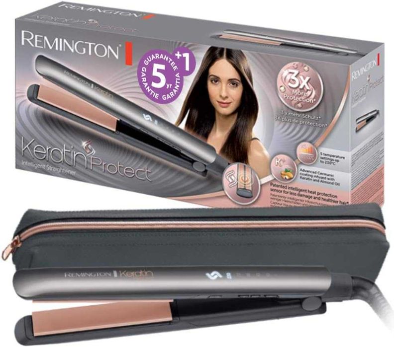 Преса за коса Remington Keratin Protect S8598, иновативен сензор за топлинна защита, сиво/розово злато