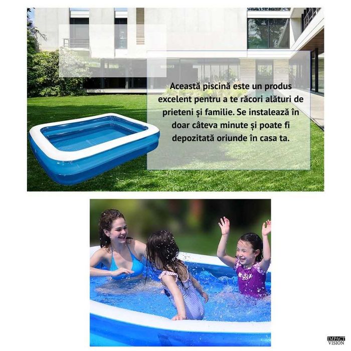 Piscina Gonflabila, Culoare Alb/Albastru, Dreptunghiulara, Doua inele gonflabile, Dimensiuni 200 x 120 x 40 cm, Vinil rezistent, Gradina si Exterior,