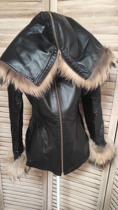 Палто естествена кожа  с естествен косъм