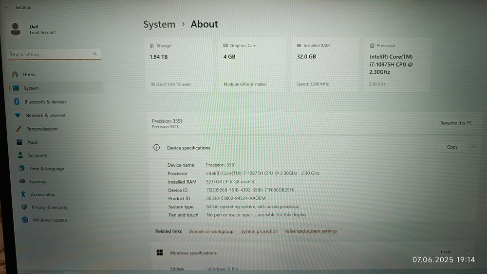 Dell Precision 3551 Intel Core i7 10875H 32gb 15.6" 1920x1080