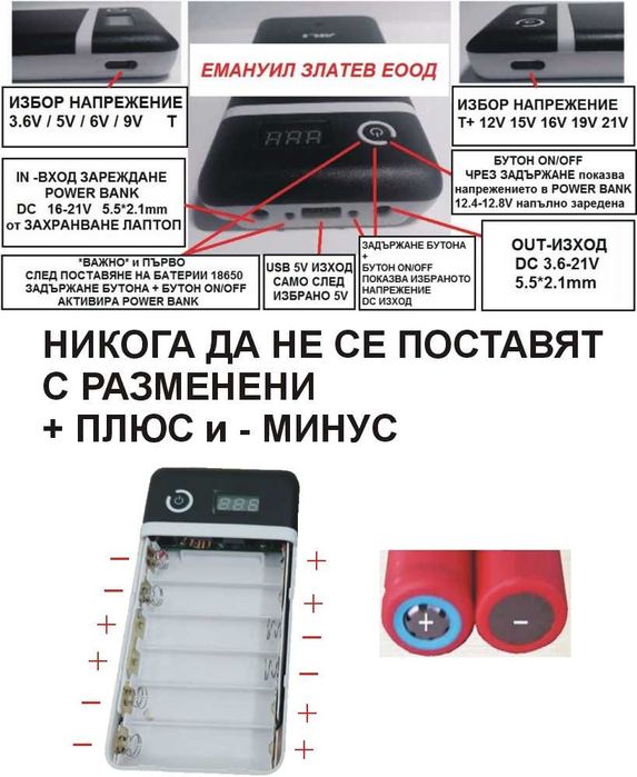 POWER BANK UPS два модела с USB 5V и 3-12V или 3-21V захранване за лаптоп Външна преносима батерия