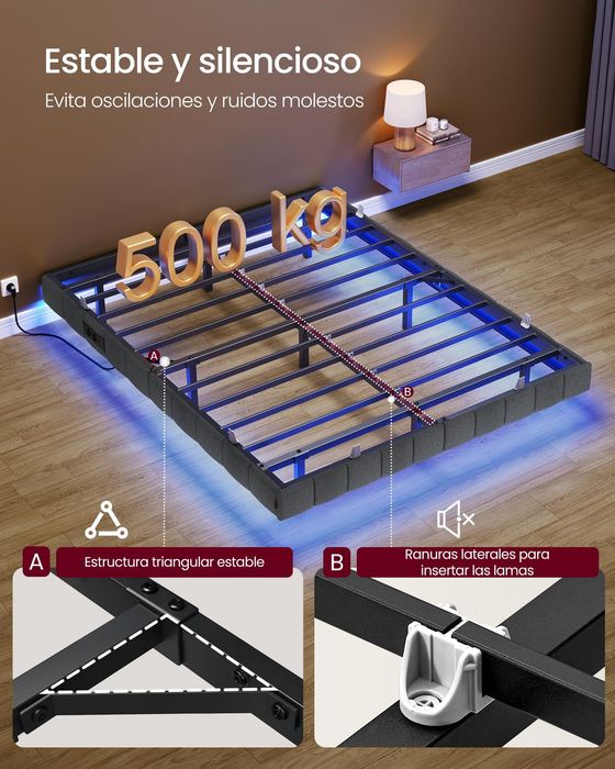 !ЛИКВИДАЦИЯ! Плаващо легло с LED осветление, 140 x 200 см, тапицирани ръбове, 2 контакта, USB-A и USB-C портове,