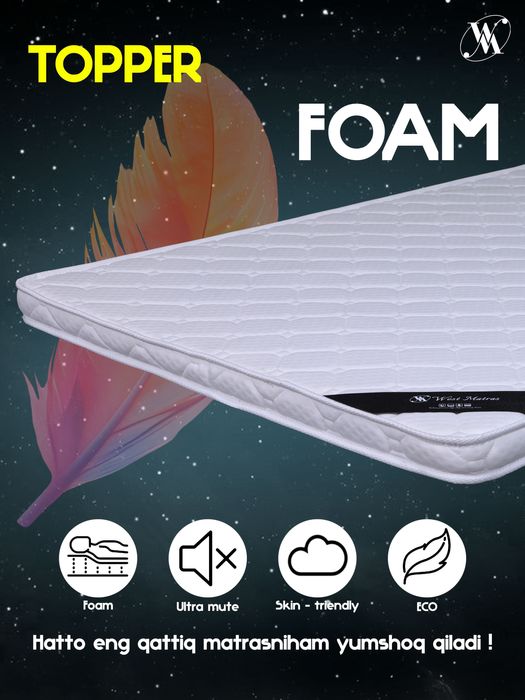 Topper foam balandligi 5sm dan 10sm gacham bolad 5 yil kafolatlangan