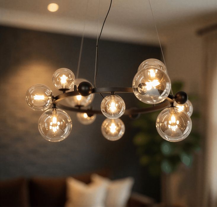 НОВА! Дизайнерска таванна лампа с кехлибарени стъклени балони 12x G9