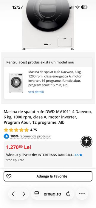 Vând mașină de spălat rufe Daewoo DWD-MV1011-4