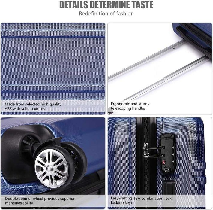 KONO твърд куфар 55 см 39 л с 4 колела и TSA ключалка тъмносин