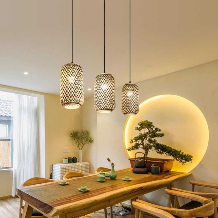 Ретро бамбук плетен висящa лампи Полилей винтидж, черна основа 221