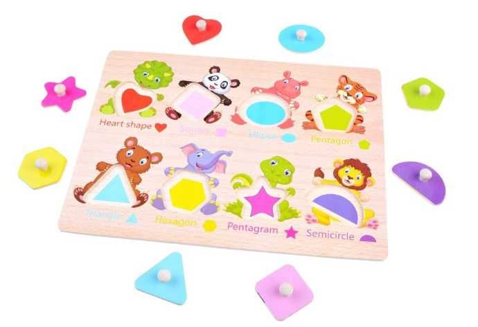 Puzzle educational din lemn cu animale si forme geometrice
