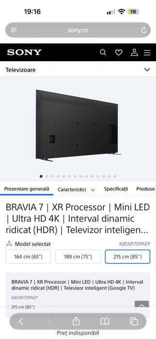 Sony BRAVIA 7 85” Mini LED 4K 120Hz K-85XR70, garanție 2027