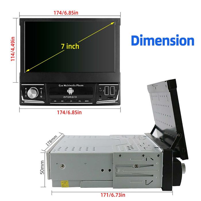 7" 1-DIN  Android 14 с изваждащ се дисплей,  64GB ROM , 4GB RAM