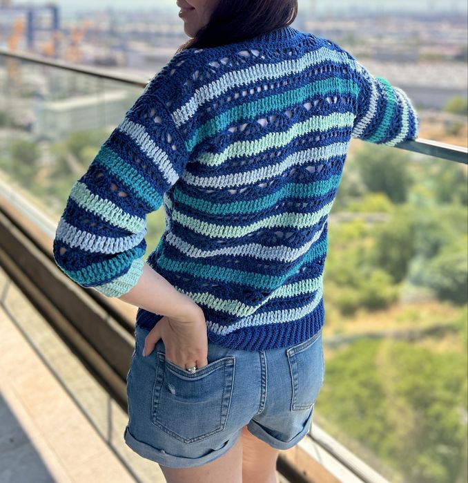 Cardigan crosetat manual albastru verde multicolor