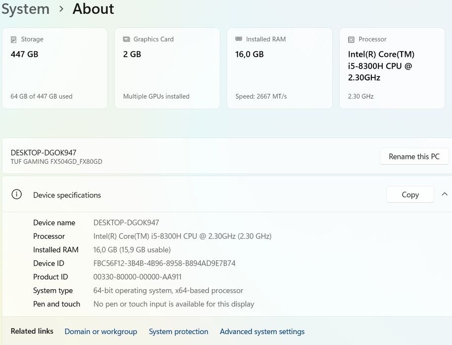 Laptop Asus Tuf i5 8300h 2,3Ghz/4Ghz, 16GB, 480GB+16GB GTX 1050 2G W11