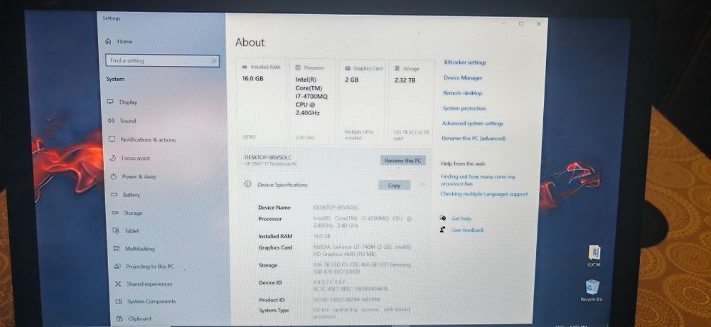 Laptop hp envy 17 inch 16g ram i7 4700 2.4ghz ssd 500gb+ssd 2tb.