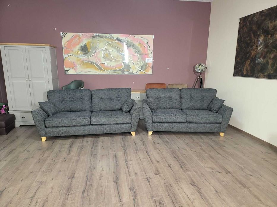 Сив комплект дивани от плат тройка и двойка