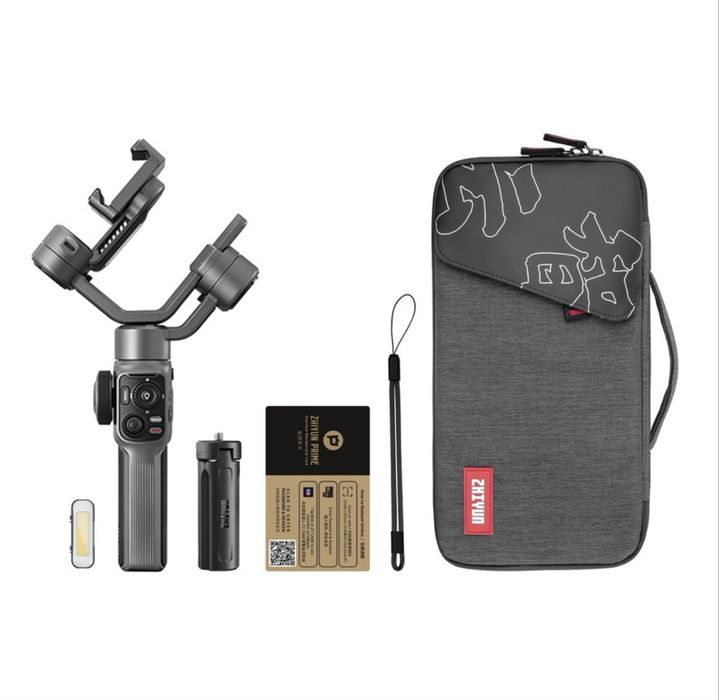 Sistem de stabilizare Zhiyun Smooth 5S Combo, trepied de mana, 3 axe, lumina LED, geanta de transport, Gri